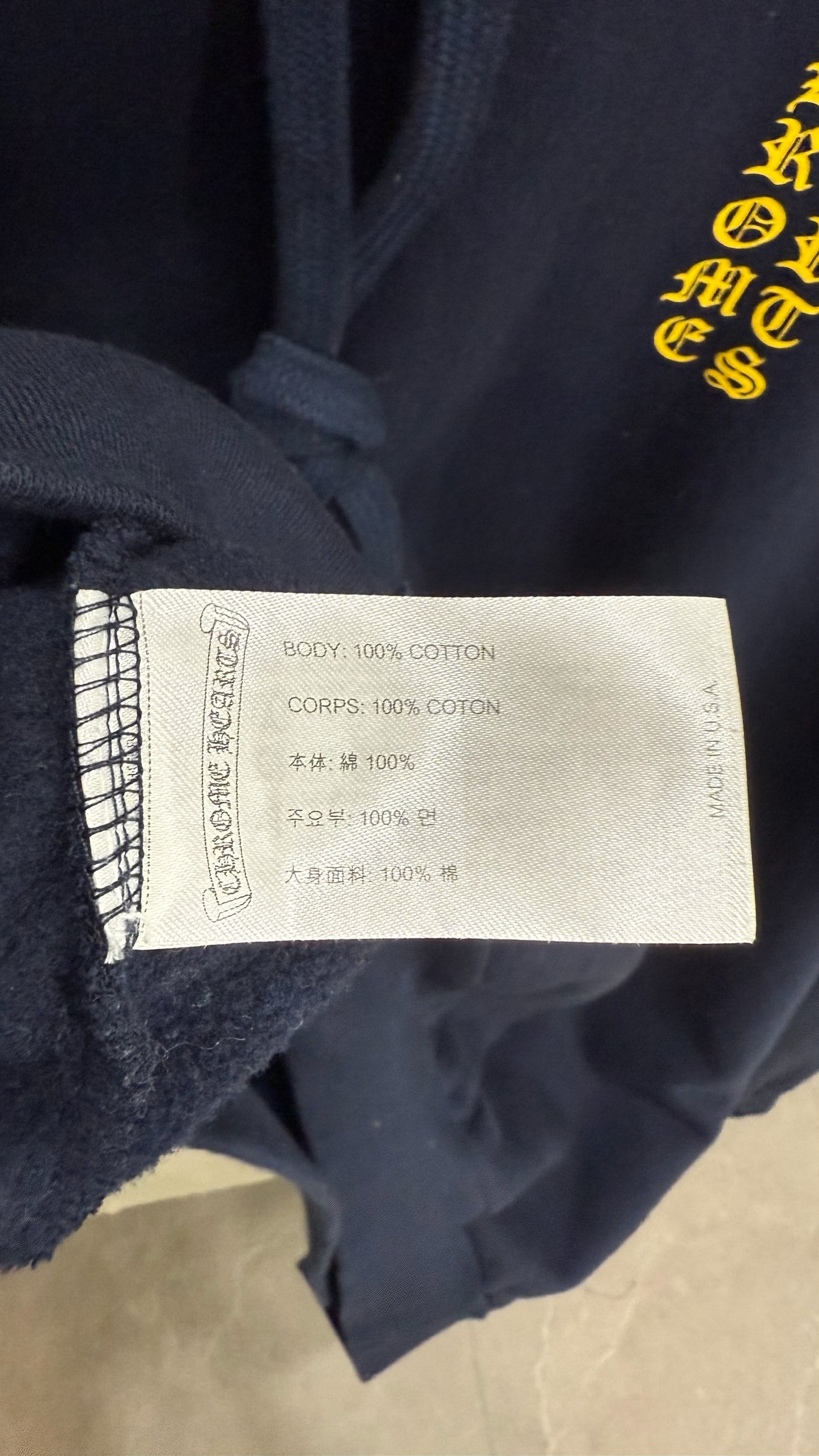 Chrome Hearts Navy & Yellow Script Logo Hoodie