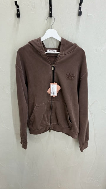 Miu Miu Garment Cacao Cotton Fleece Zip Up Hoodie