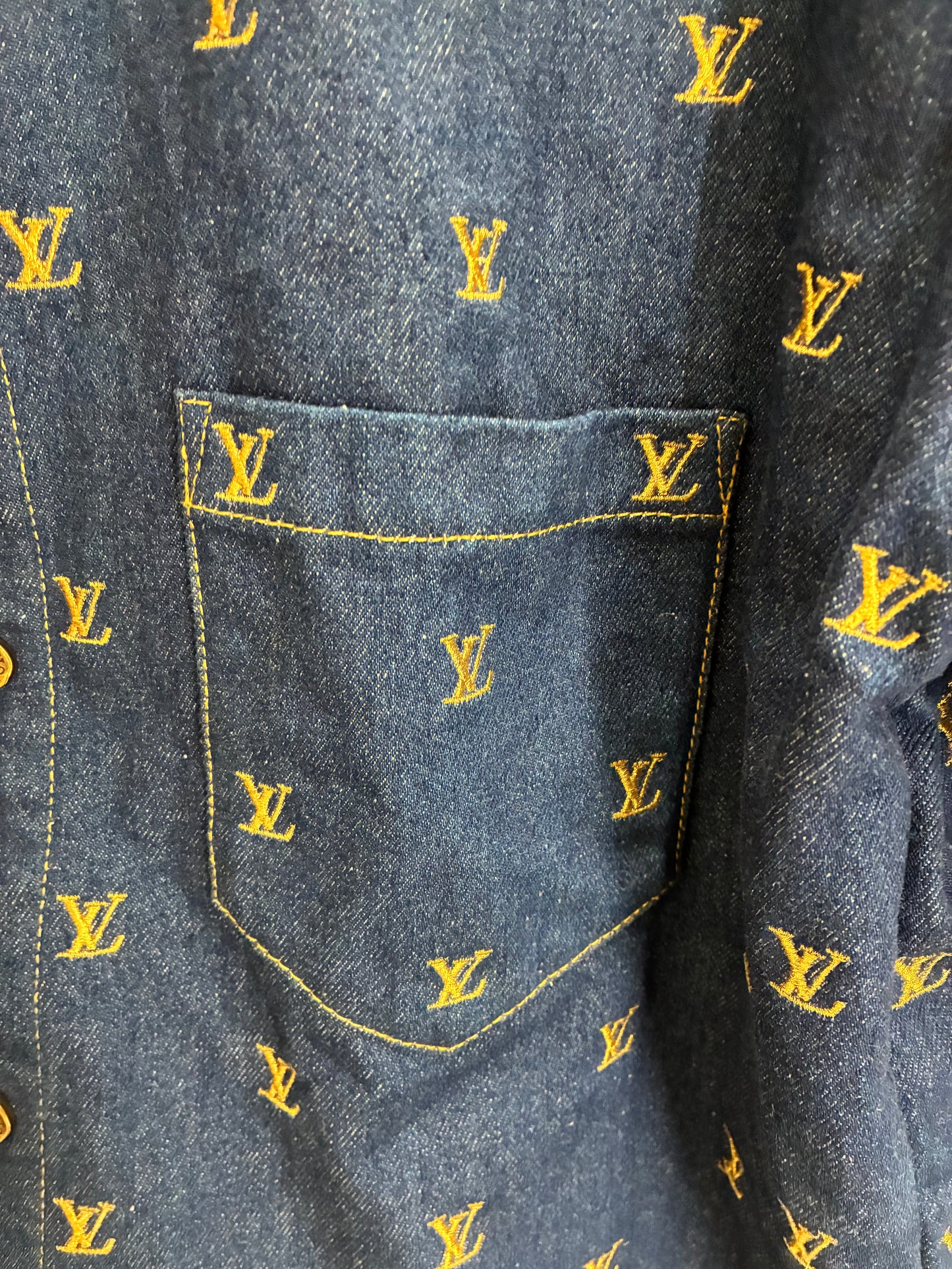 Louis Vuitton Embroidered Signature Short-Sleeved Denim Shirt