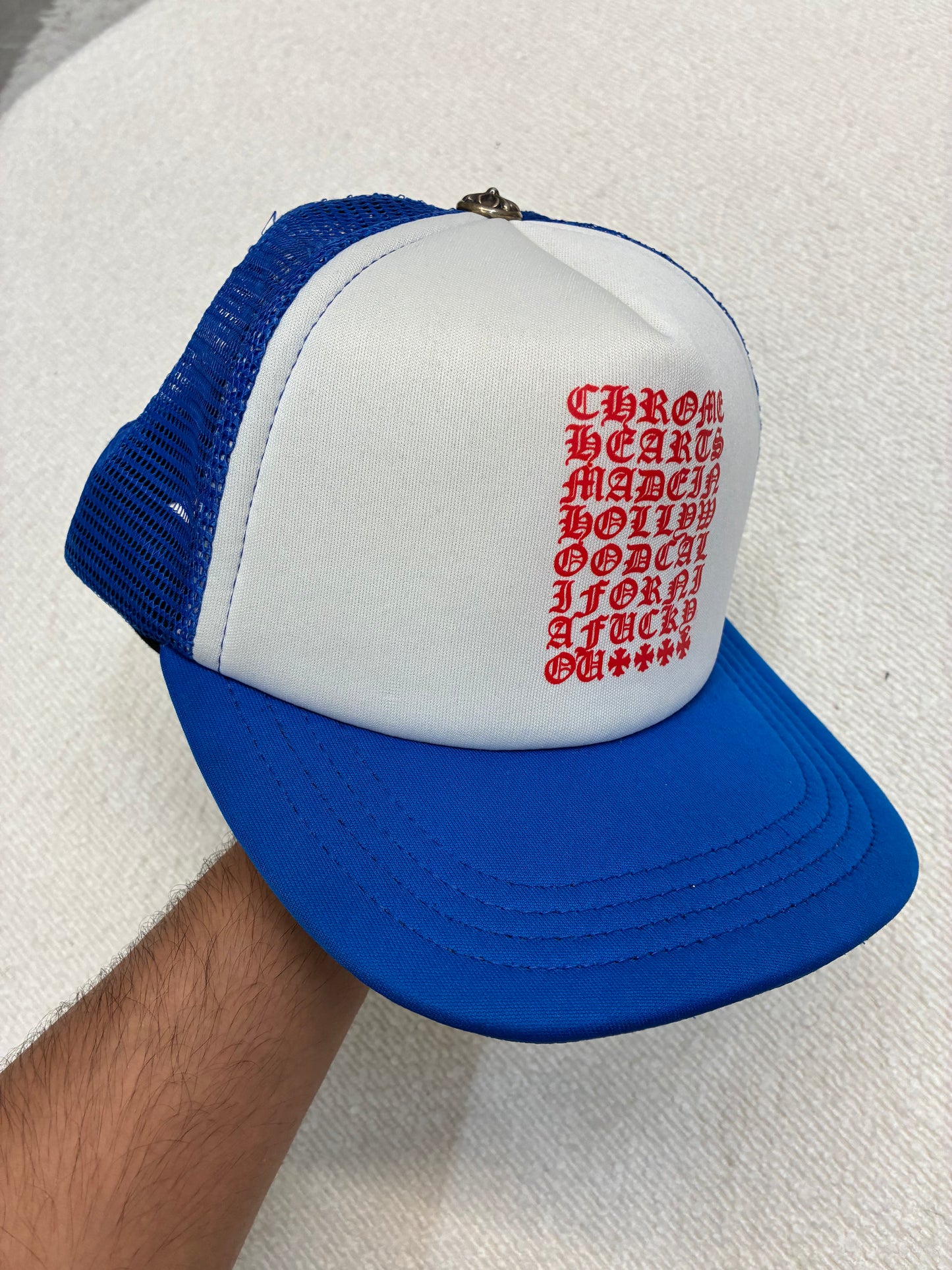 Chrome Hearts Eye Chart Trucker Hat Blue White