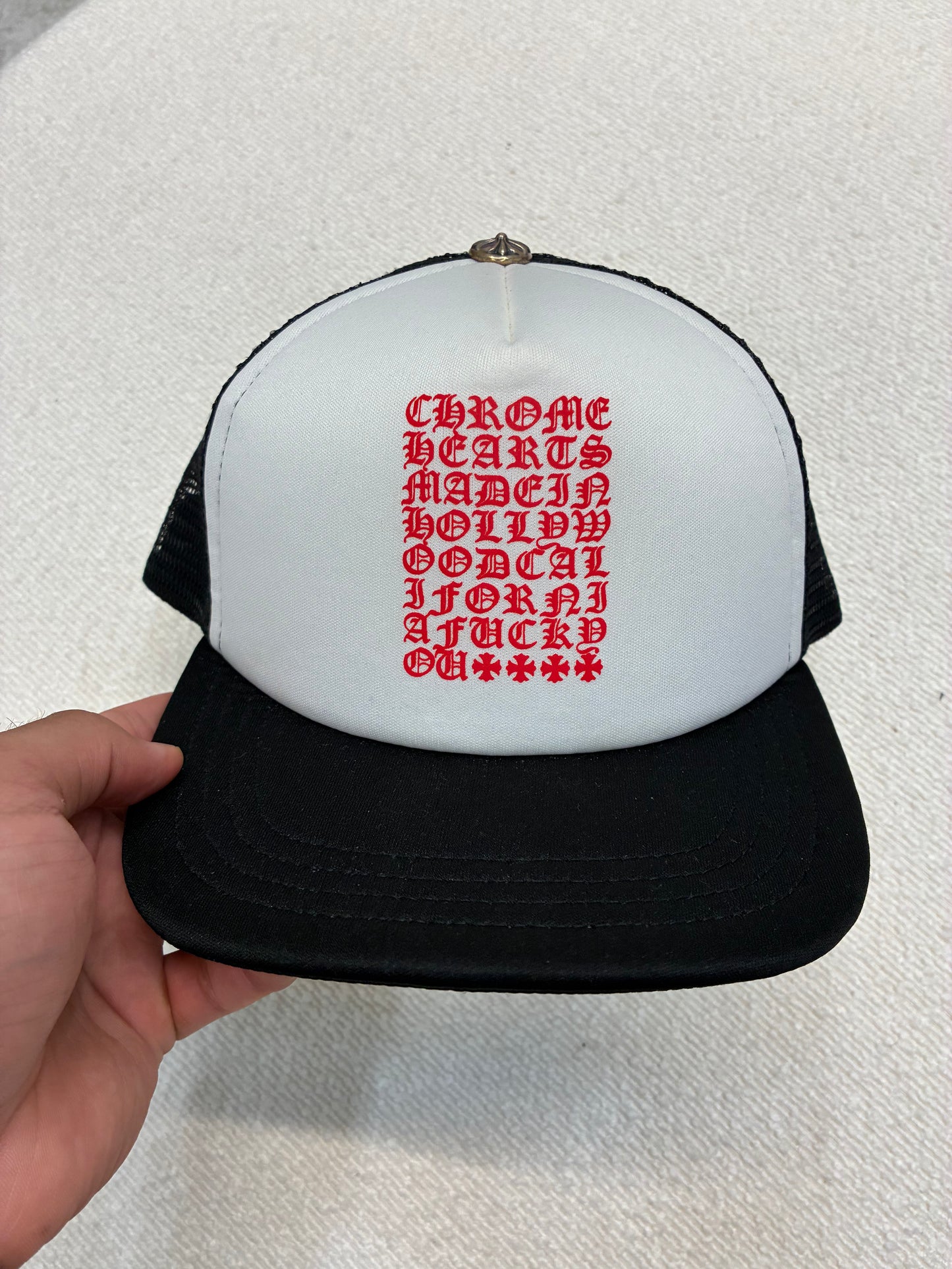 Chrome Hearts Eye Chart Trucker Hat Red White