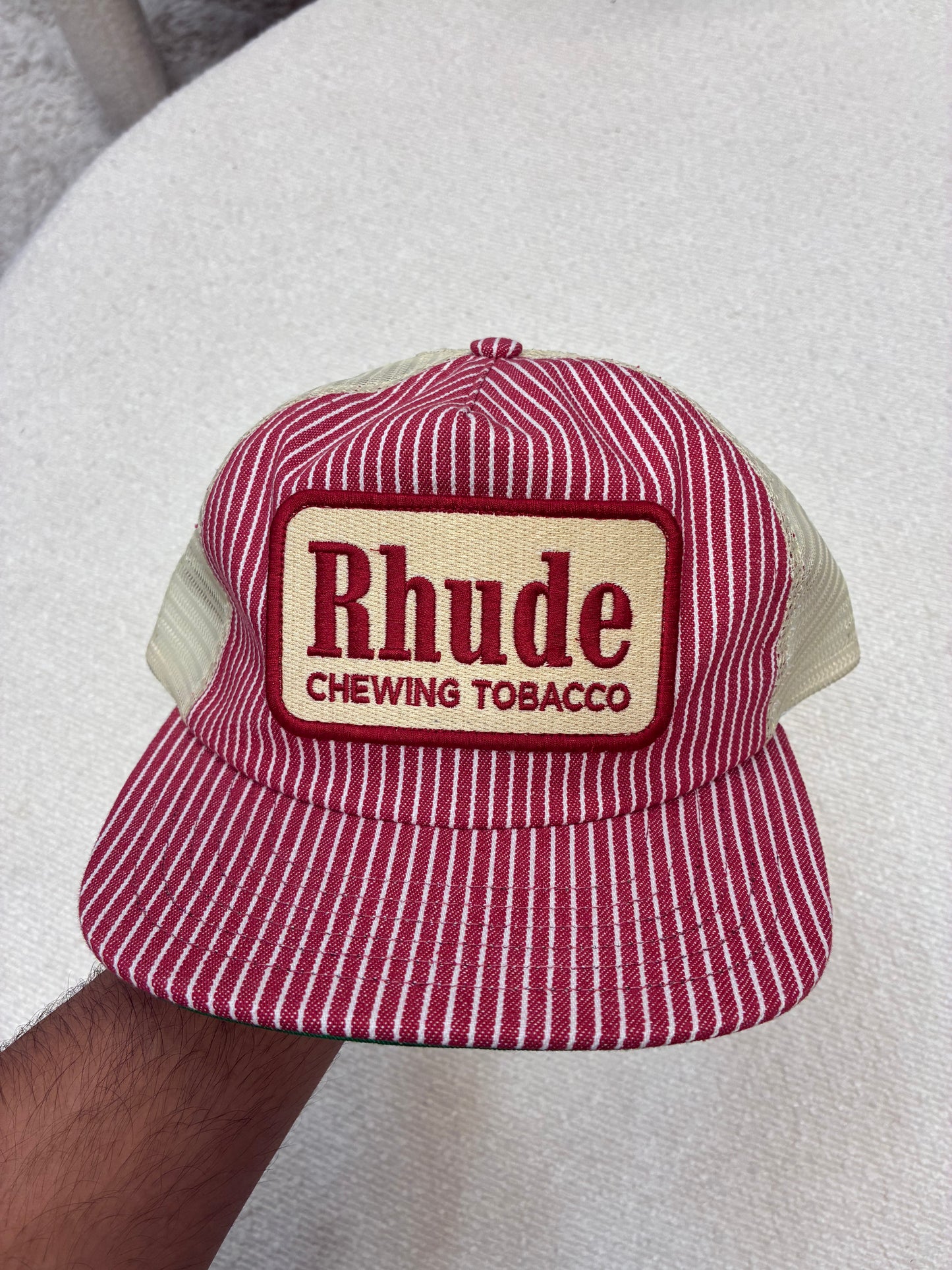 Rhude Striped Tobacco Trucker Hat Red