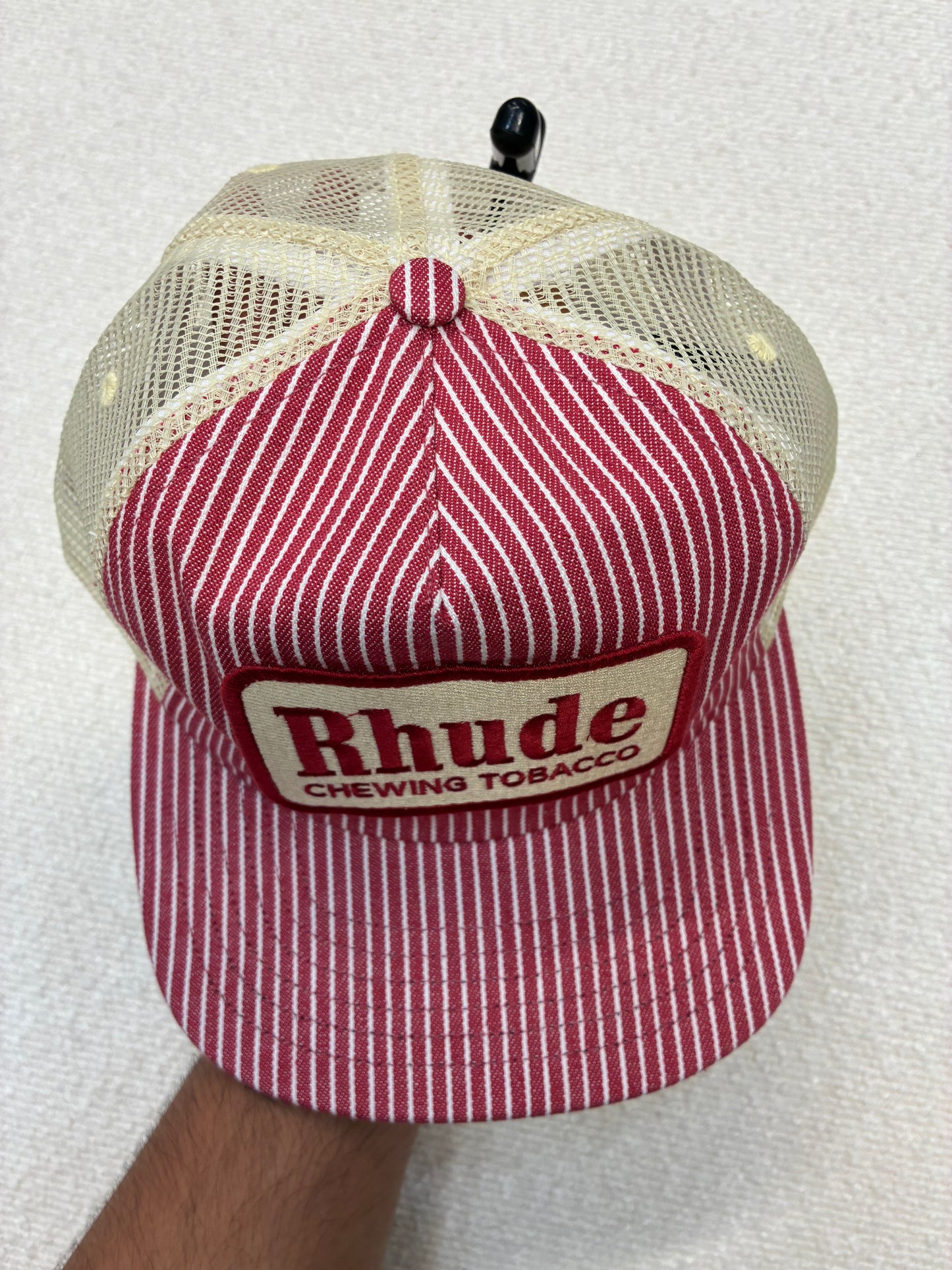 Rhude Striped Tobacco Trucker Hat Red