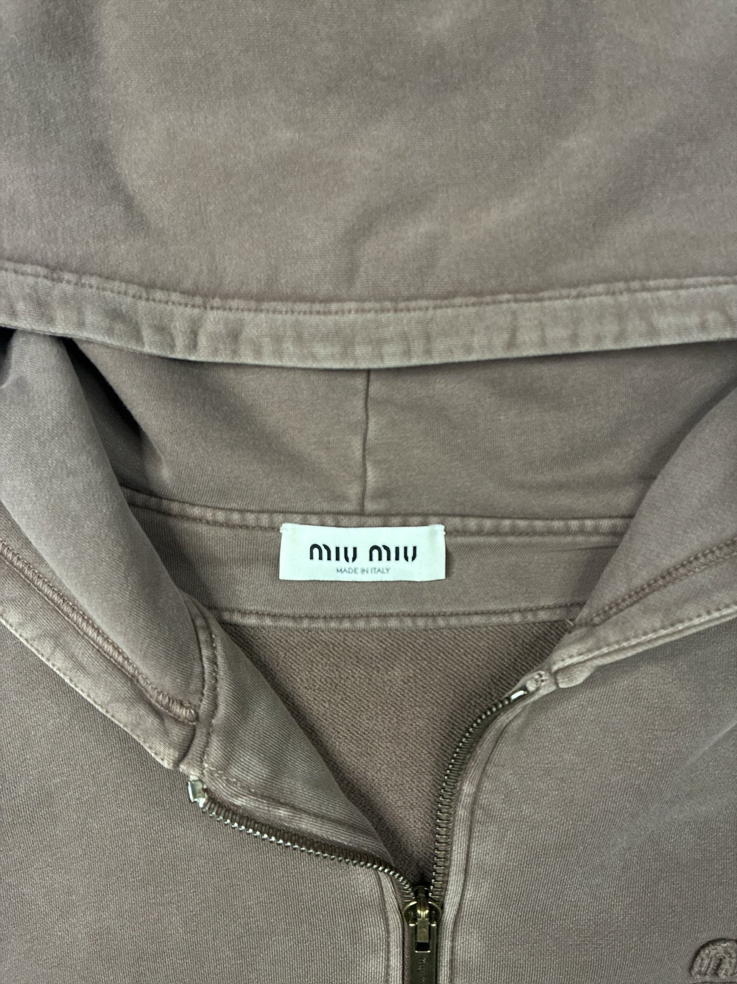 Miu Miu Garment Cacao Cotton Fleece Zip Up Hoodie