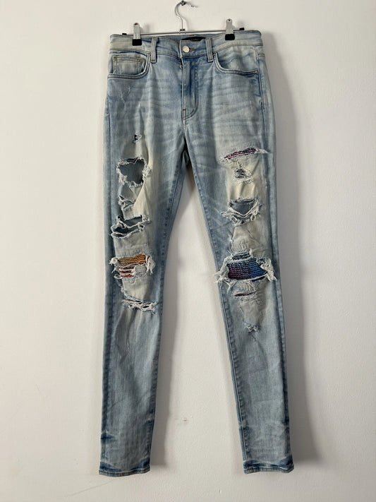 Amiri MX1 Art Patchwork Distressed Stretch-Denim Jeans