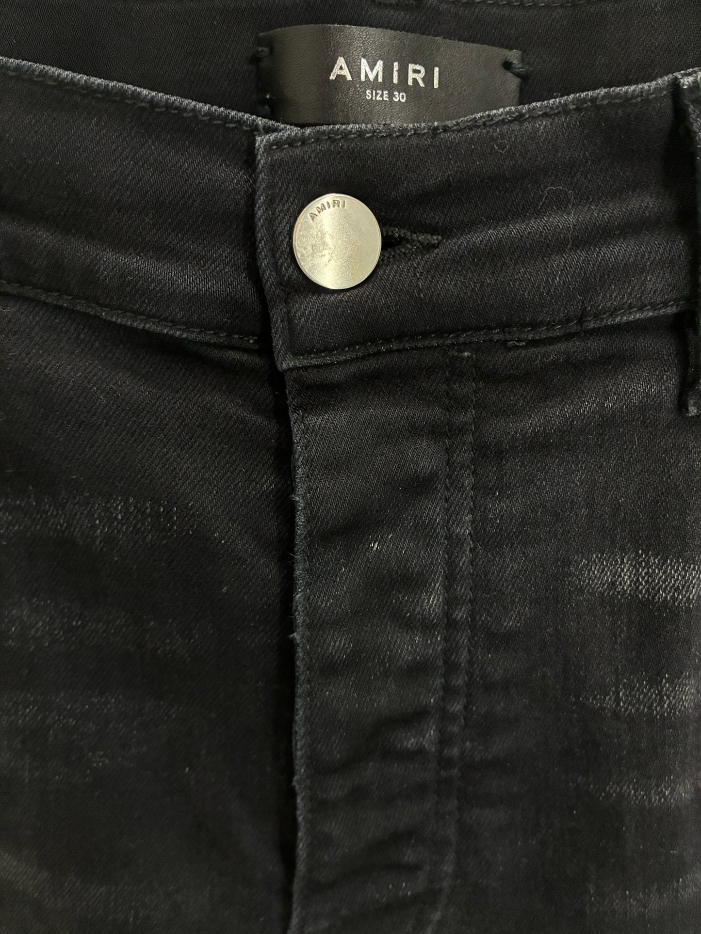 Amiri MX1 Cracked Paint Jeans In aged Black With Blue Patches