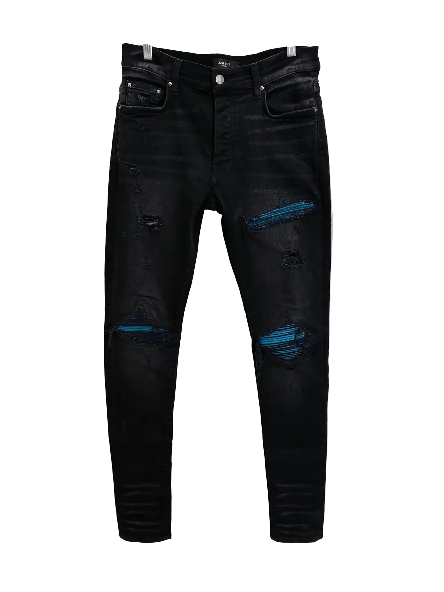 Amiri MX1 Cracked Paint Jeans In aged Black With Blue Patches
