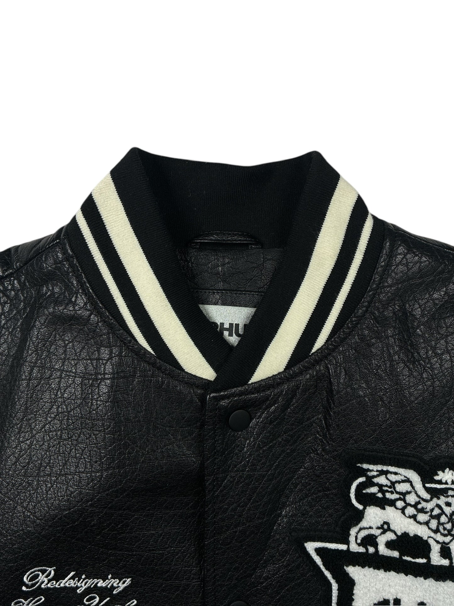 Zara x Rhuigi Genuine Leather Varsity Bomber Jacket Black and White