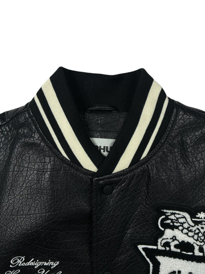 Zara x Rhuigi Genuine Leather Varsity Bomber Jacket Black and White