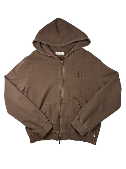 Miu Miu Garment Cacao Cotton Fleece Zip Up Hoodie