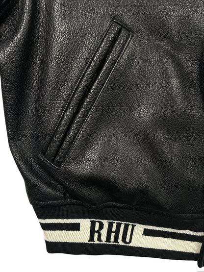 Zara x Rhuigi Genuine Leather Varsity Bomber Jacket Black and White
