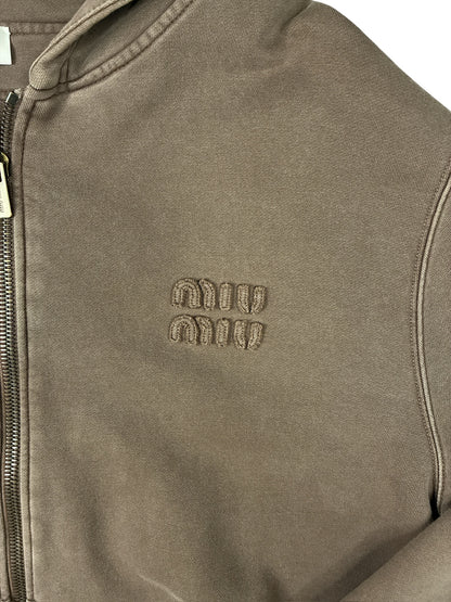 Miu Miu Garment Cacao Cotton Fleece Zip Up Hoodie