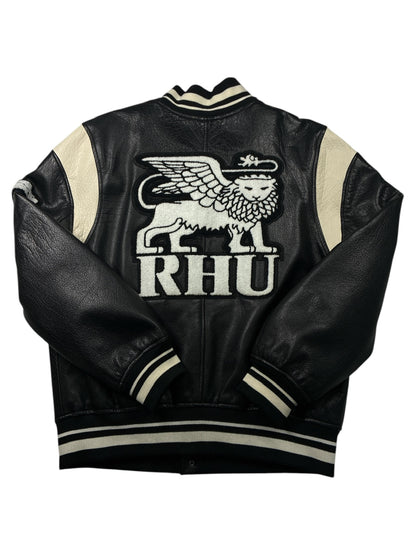 Zara x Rhuigi Genuine Leather Varsity Bomber Jacket Black and White