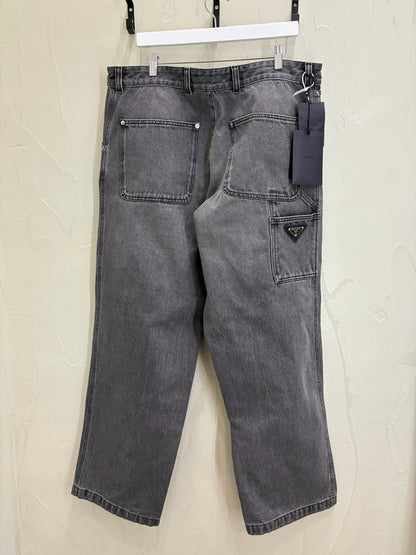 Prada Washed Grey Denim Wide Jeans