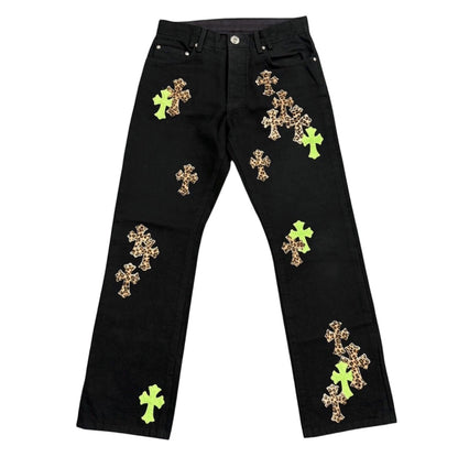Chrome Hearts Cheetah And Green Cross Patch Jeans