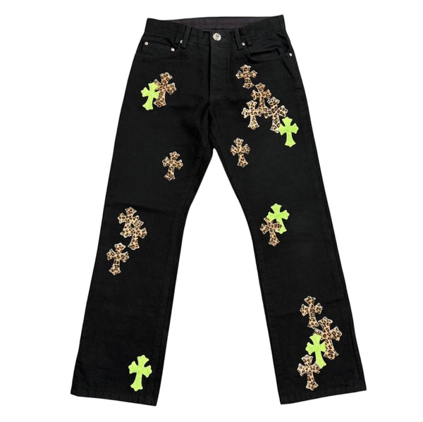 Chrome Hearts Cheetah And Green Cross Patch Jeans