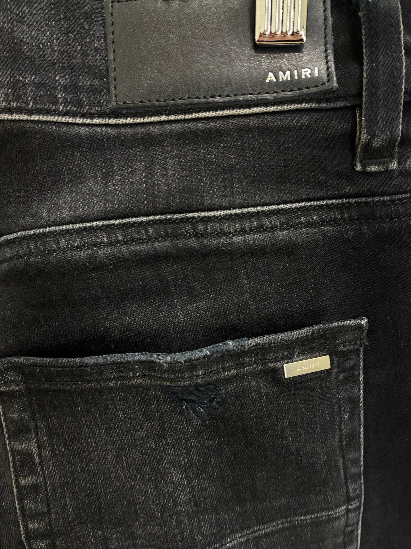 Amiri MX1 Cracked Paint Jeans In aged Black With Blue Patches