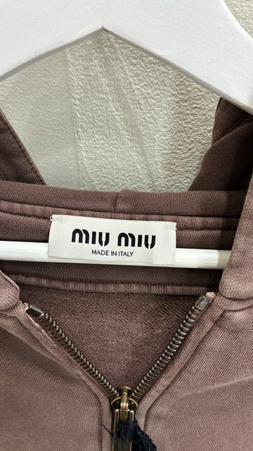 Miu Miu Garment Cacao Cotton Fleece Zip Up Hoodie