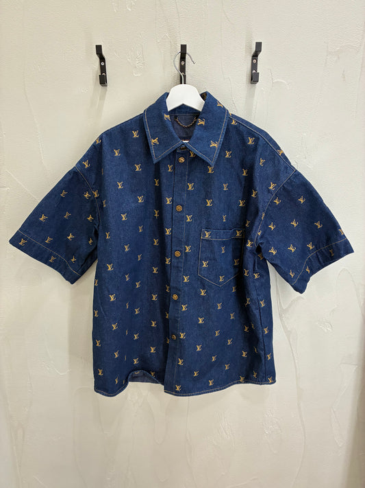 Louis Vuitton Embroidered Signature Short-Sleeved Denim Shirt