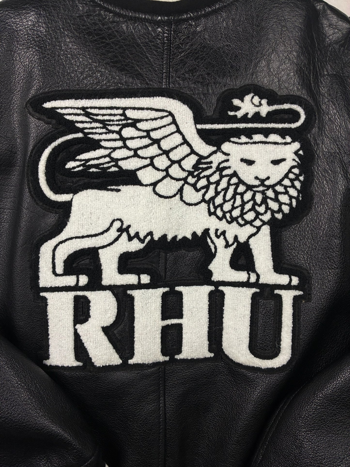 Zara x Rhuigi Genuine Leather Varsity Bomber Jacket Black and White