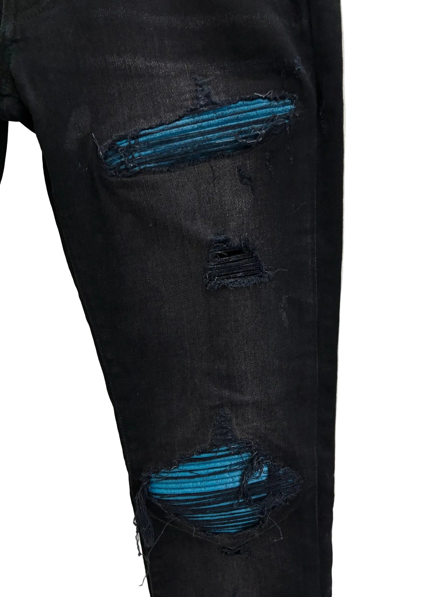 Amiri MX1 Cracked Paint Jeans In aged Black With Blue Patches