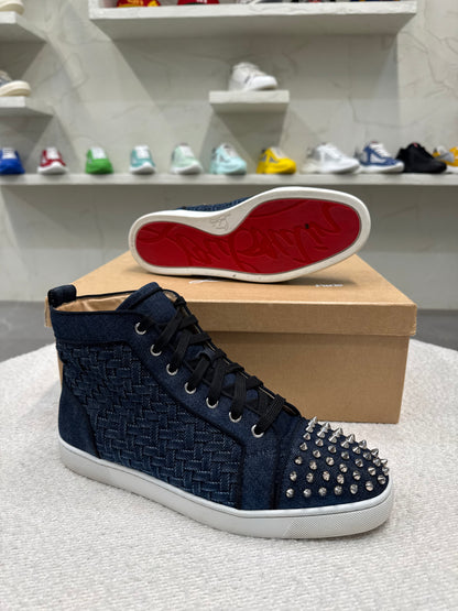 Christian Louboutin Denim Weave Spiked Oralto High-Top Sneaker