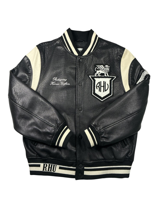 Zara x Rhuigi Genuine Leather Varsity Bomber Jacket Black and White