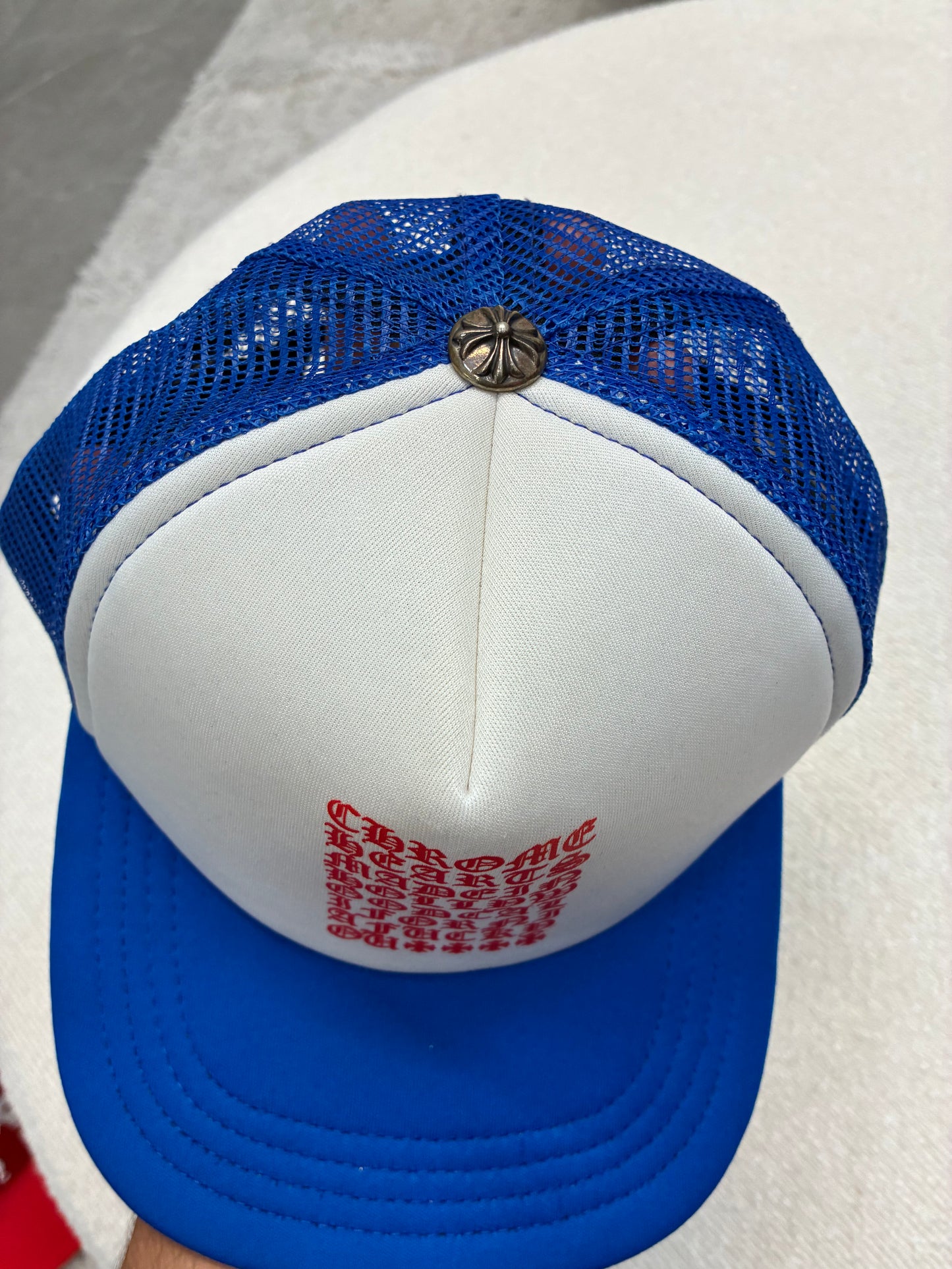 Chrome Hearts Eye Chart Trucker Hat Blue White