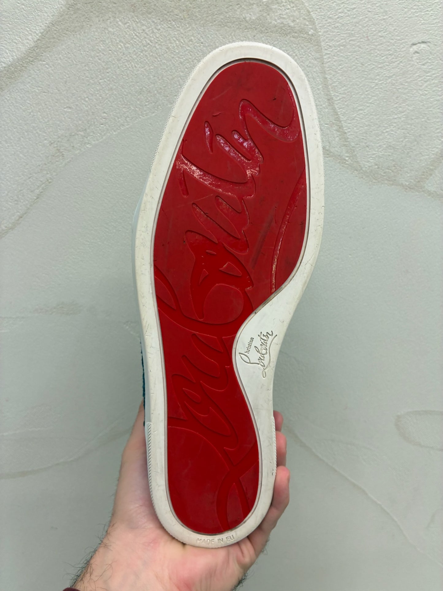 Christian Louboutin Denim Weave Spiked Oralto High-Top Sneaker