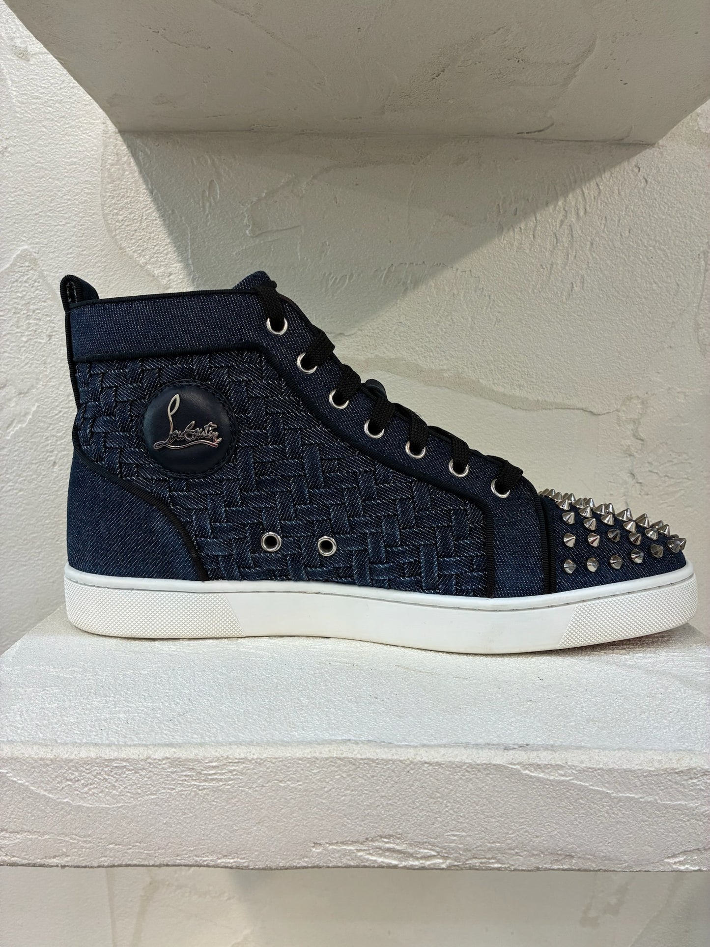 Christian Louboutin Denim Weave Spiked Oralto High-Top Sneaker