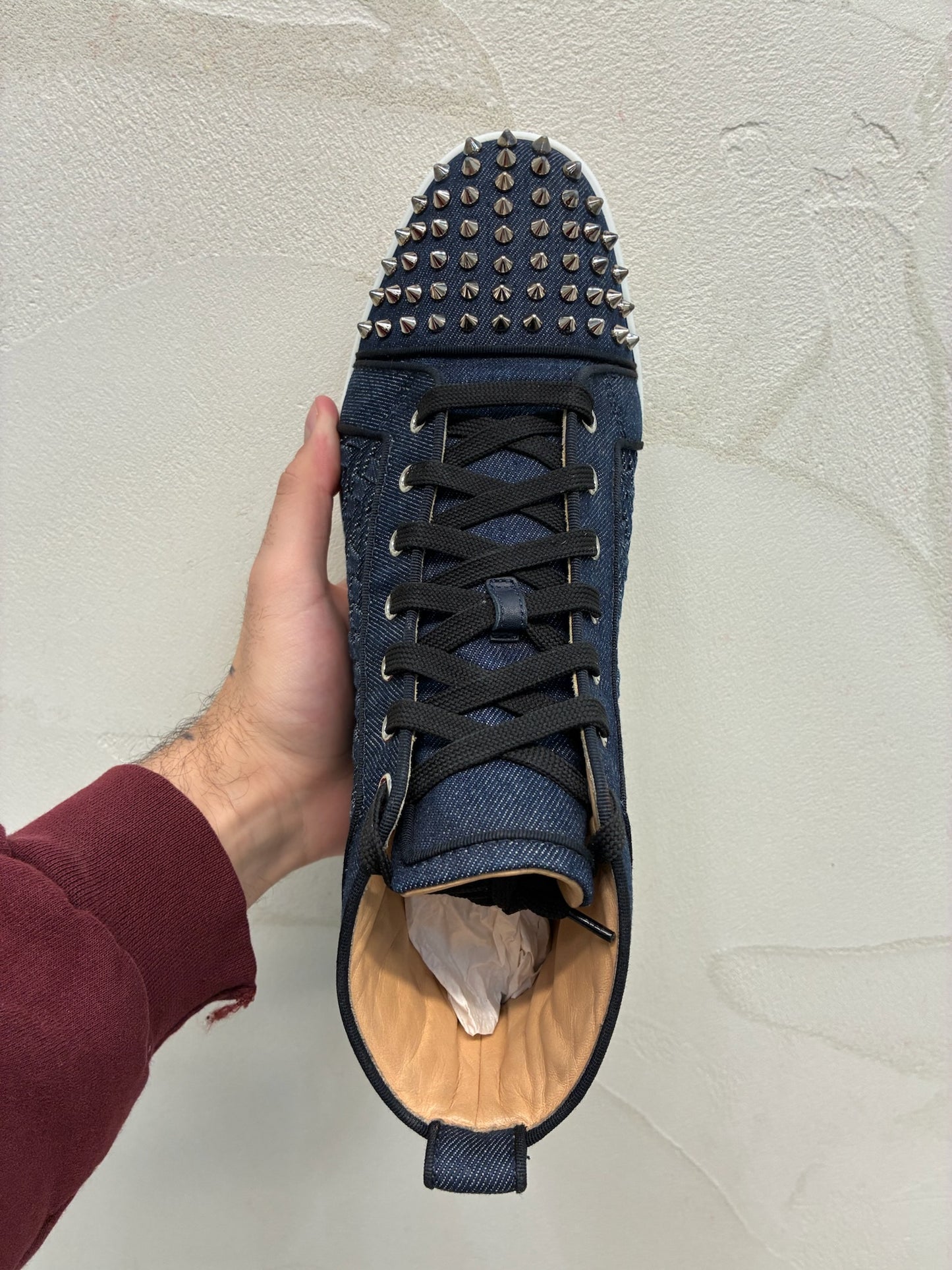 Christian Louboutin Denim Weave Spiked Oralto High-Top Sneaker